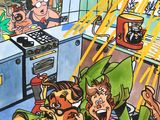 illustration of a man and woman in a kitchen with a dog in the foreground