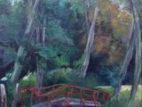 un tableau représentant un pont rouge enjambant une rivière