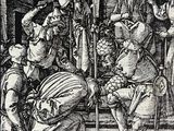 a black and white drawing of a group of people in a building