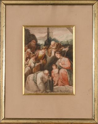 an image of a painting of a group of people gathered around a baby