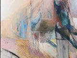 peinture abstraite représentant un homme assis sur un banc devant une fenêtre