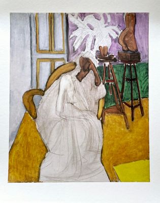a painting of a man sitting in a chair