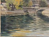 une peinture représentant un pont au-dessus d'une étendue d'eau