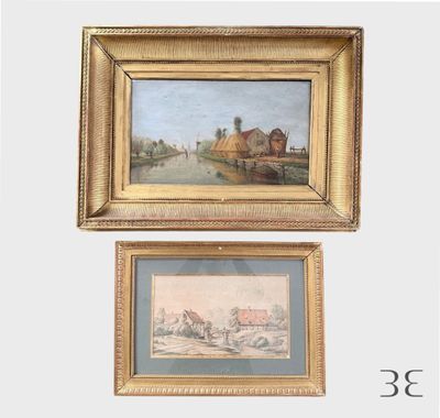 deux tableaux encadrés représentant un village et une rivière avec un bateau