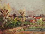 peinture représentant un tableau représentant un paysage avec des arbres et une rivière