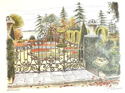 dessin représentant un portail dans un jardin, avec des fleurs et des arbres en arrière-plan