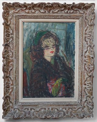 an oil painting of a woman in a green hat and a black coat