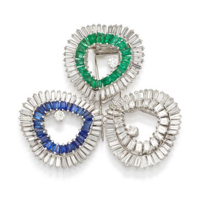 three diamond, emerald and sapphire brooches