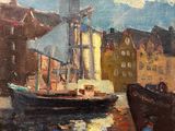 an oil painting of boats in a harbor with buildings in the background