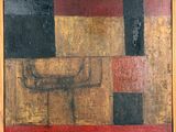 une image représentant un tableau monté sur un châssis en bois, orné d'un motif rouge, jaune, vert et noir
