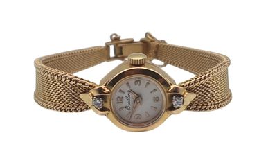 une photo d'une montre-bracelet pour femme dotée d'un bracelet en mailles dorées