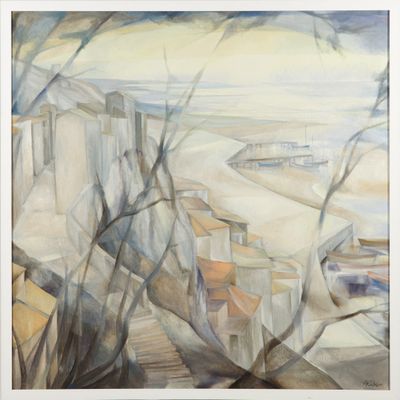 an image of a painting of a view of a beach with houses and trees