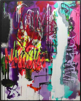 painting of colorful graffiti on a wall in a black frame