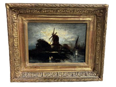 an image of a painting of a windmill by a body of water