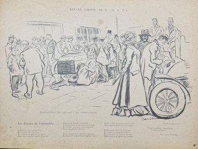 a black and white drawing of a man standing in front of a car