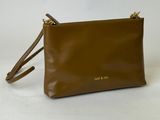 a brown leather clutch bag on a white background