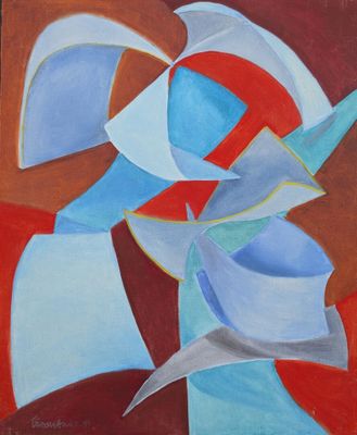 une peinture représentant une œuvre abstraite bleue et rouge sur fond marron