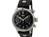 an image of a wrist watch with a black dial and black leather strap
