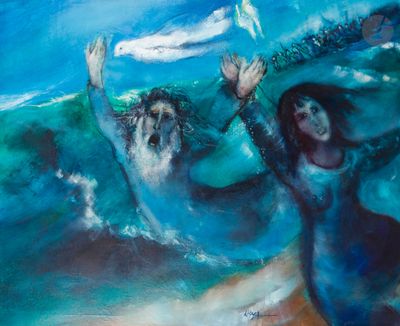 a painting of two people in the water with a surfboard