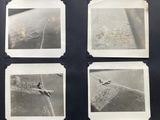 four old black and white photos of a plane flying over a city