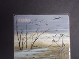 a picture of a painting of birds flying in the sky