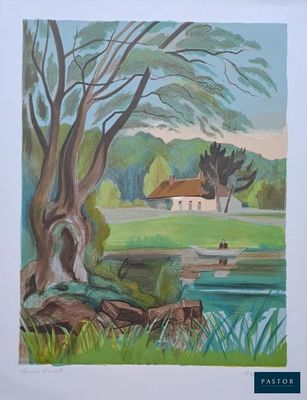 une image d'une peinture d'une maison au bord de l'eau
