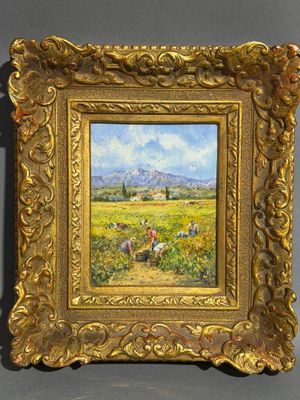 un tableau représentant un paysage avec un homme et une femme dans un champ
