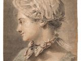 a drawing of a woman in a bonnet and a neck tie