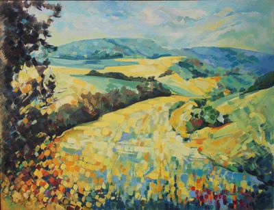 an oil painting of a field with yellow flowers and hills in the background