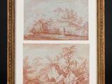 une paire de dessins représentant un paysage avec un homme et une femme