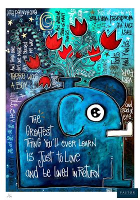 a painting of a blue elephant with red flowers on it