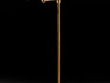 a brass plated floor lamp with a white glass shade