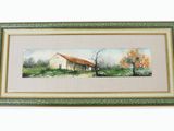 painting of a house in a field with trees in the background