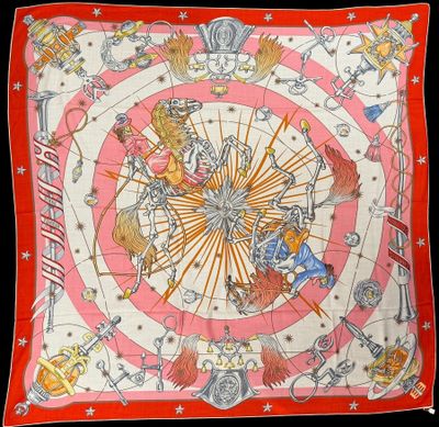 an image of a red and white square scarf with zodiac symbols