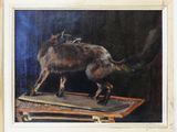 an oil painting of a dog standing on top of a wooden table