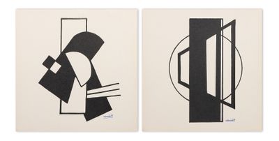 deux tableaux en noir et blanc représentant des formes abstraites sur fond blanc