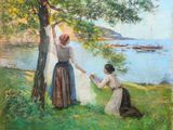 an oil painting of two women hanging laundry on a clothes line