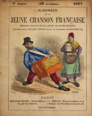 un vieux livre sur lequel figure l'image d'un homme portant une valise et d'un autre homme portant une valise