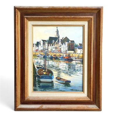 painting of a harbor scene with boats in the water and a church in the background