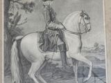 painting of a man riding a white horse in a wooded area