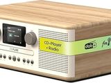 an image of a wooden radio with a clock on it