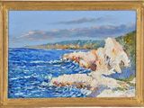 an oil painting of a rocky coast with waves crashing against the rocks