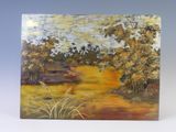 l'image d'une peinture représentant une rivière avec des arbres en arrière-plan