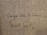 une peinture représentant une personne écrivant sur un morceau de tissu