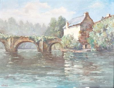 un tableau représentant un pont enjambant une rivière, avec un bâtiment en arrière-plan