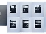 four black and white photographs of a room with a bed and a window