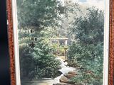 an oil painting of a stream running through a wooded area
