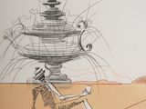 a drawing of a man sitting on the ground with a bowl on his head