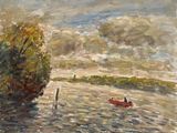 un tableau représentant une personne dans un bateau sur l'eau