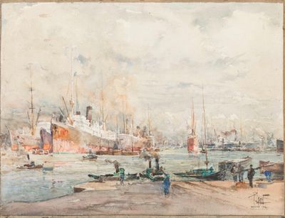 une image représentant un tableau représentant une scène de port avec des bateaux et des personnages